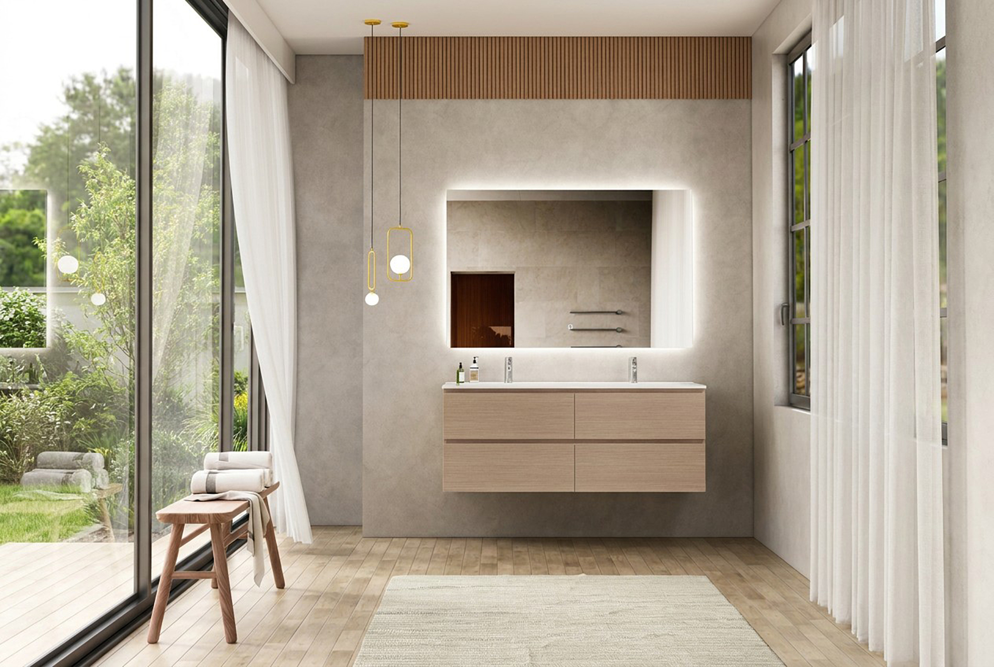 Modern Oak Floating Bathroom Vanity with Double Sinks